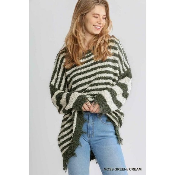 Umgee Sweaters - Umgee Moss Green Cream Mix Pullover Sweater Women Popcorn Striped Distressed S-L